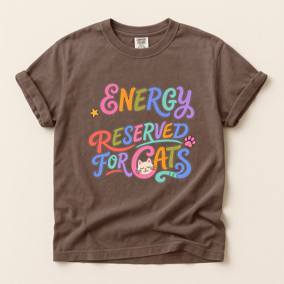 Energy Reserved for Cats graphic tee in Espresso, flat lay