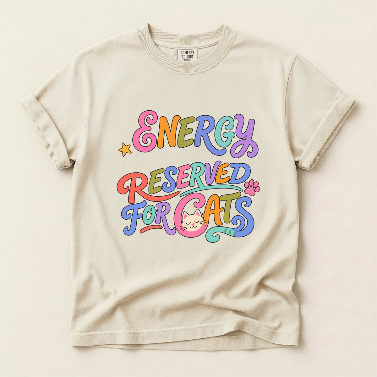 Energy Reserved for Cats graphic tee in Ivory, flat lay