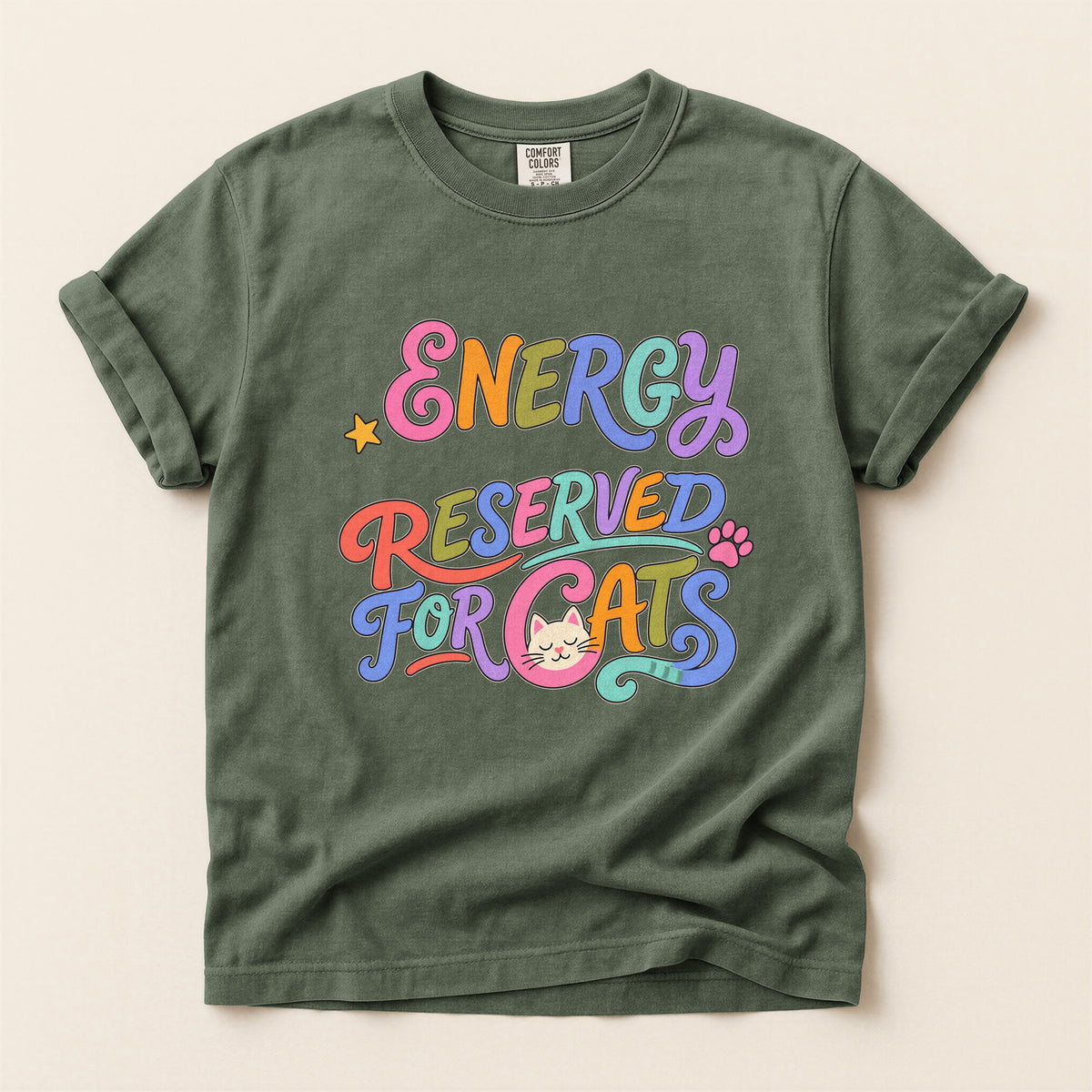 Energy Reserved for Cats graphic tee in Moss, flat lay