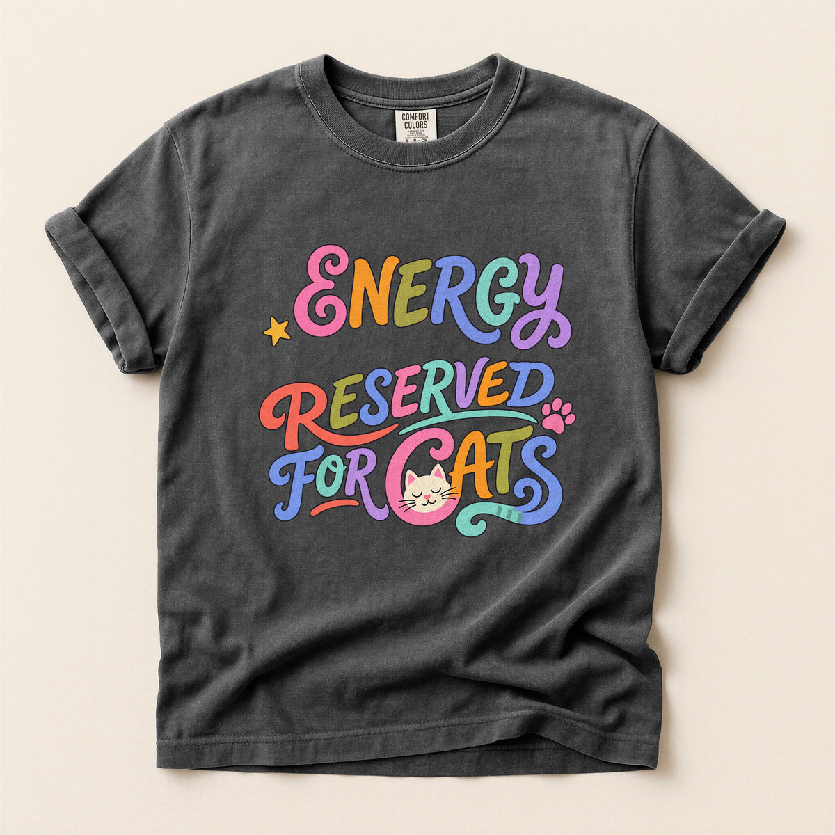 Energy Reserved for Cats graphic tee in Pepper, flat lay