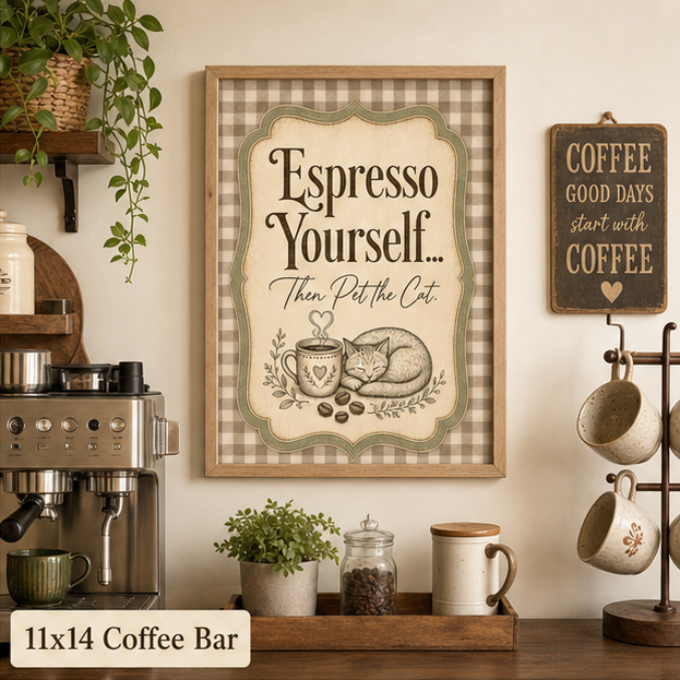 Espresso Yourself Then Pet the Cat wall art print, 11x14 framed mockup on a coffee bar wall