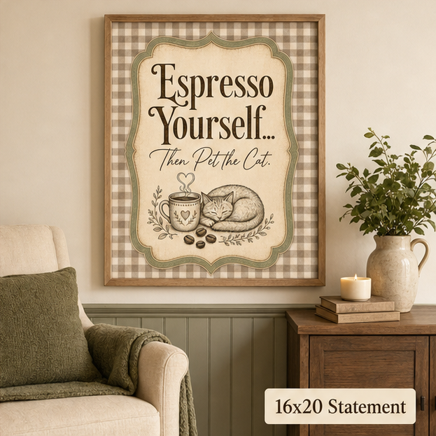 Espresso Yourself Then Pet the Cat wall art print, 16x20 framed mockup in a living room