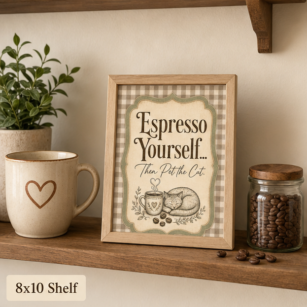 Espresso Yourself Then Pet the Cat wall art print, 8x10 framed mockup on a shelf
