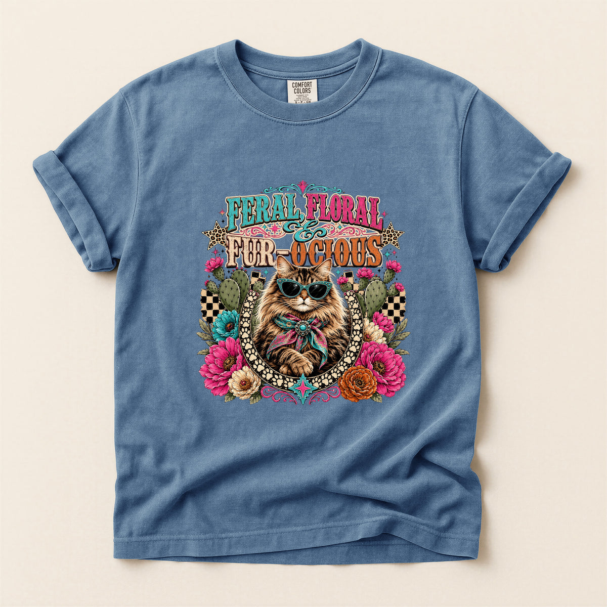 Feral, Floral & Fur-ocious graphic tee in Blue Jean, flat lay