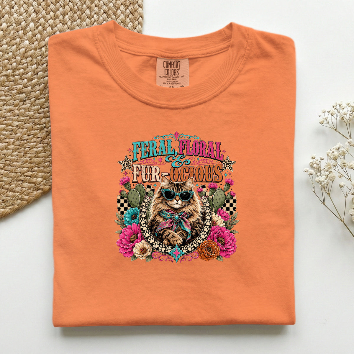 Feral, Floral & Fur-ocious graphic tee in Burnt Orange, folded flat lay