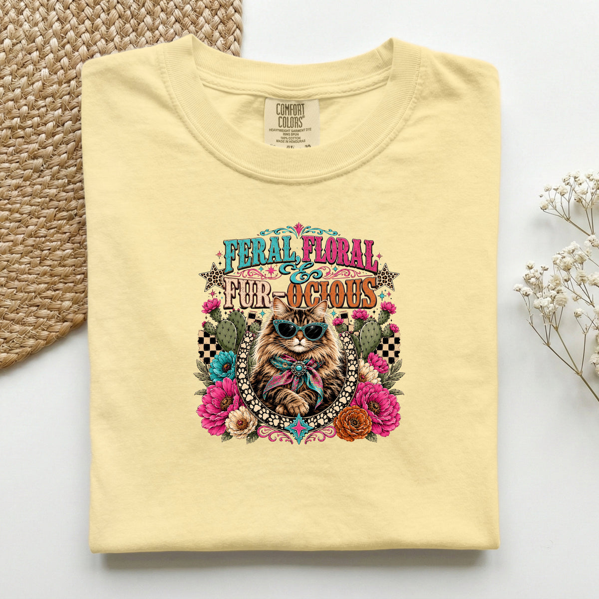 Feral, Floral & Fur-ocious graphic tee in Butter, folded flat lay