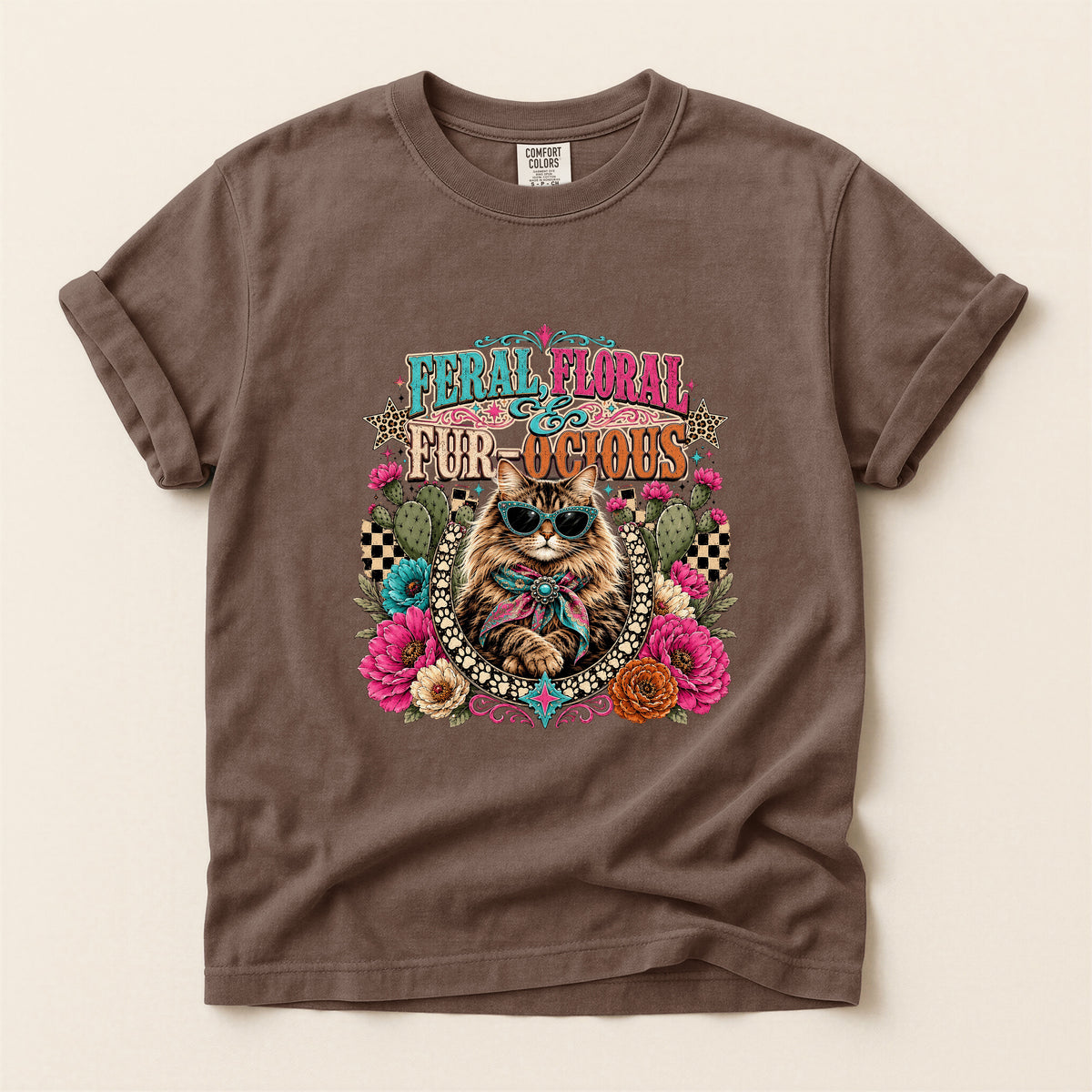Feral, Floral & Fur-ocious graphic tee in Espresso, flat lay