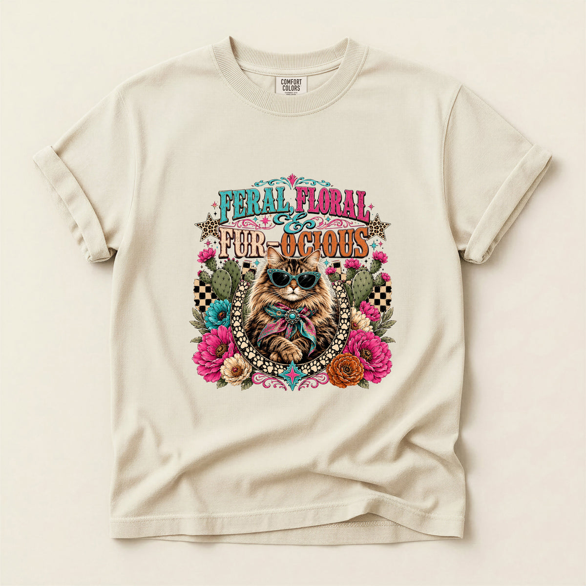 Feral, Floral & Fur-ocious graphic tee in Ivory, flat lay