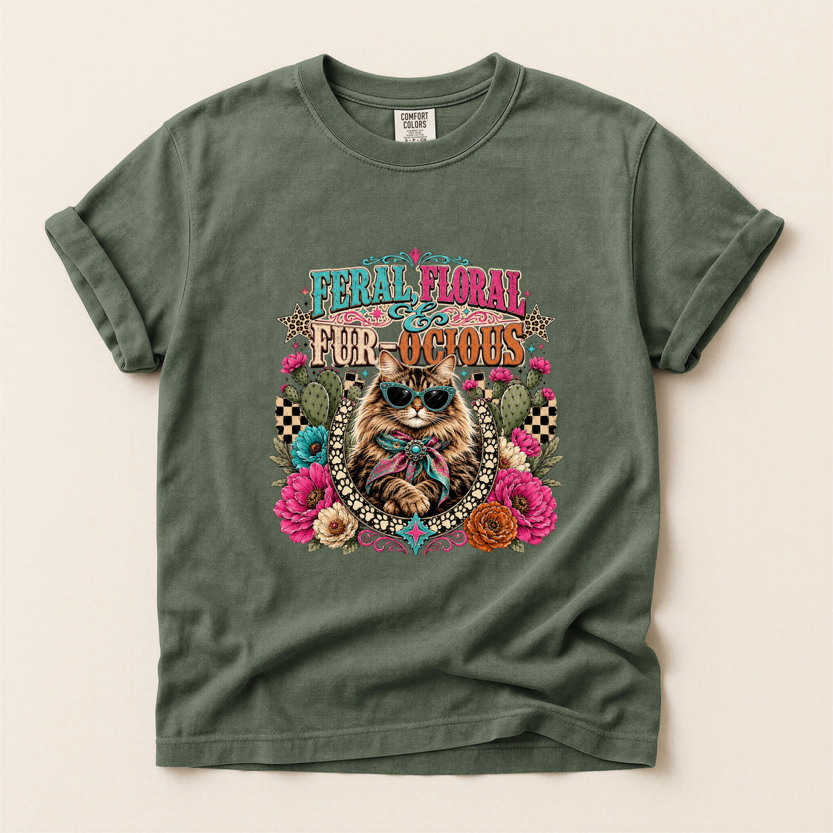 Feral, Floral & Fur-ocious graphic tee in Moss, flat lay