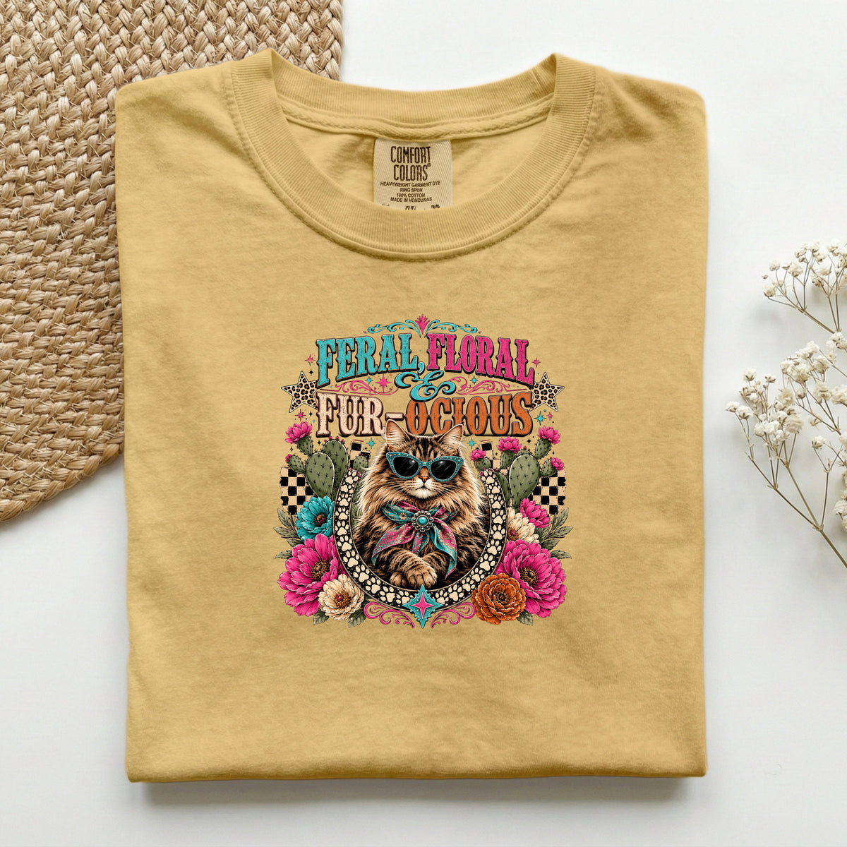 Feral, Floral & Fur-ocious graphic tee in Mustard, folded flat lay