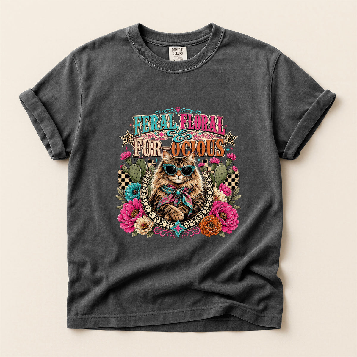 Feral, Floral & Fur-ocious graphic tee in Pepper, flat lay