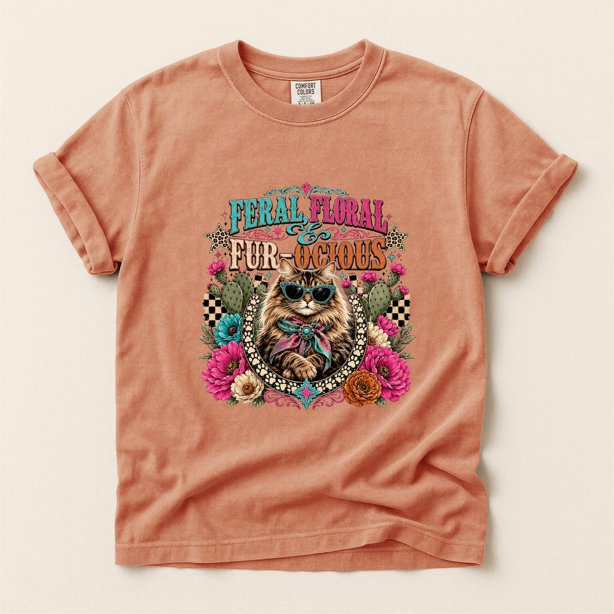 Feral, Floral & Fur-ocious graphic tee in Terracotta, flat lay