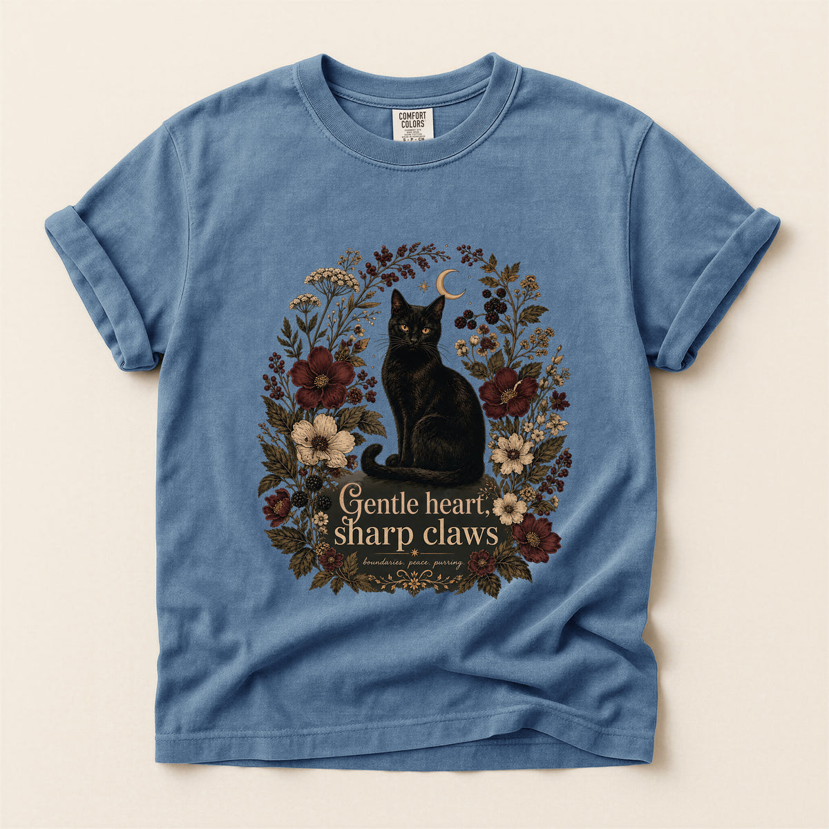 Gentle Heart, Sharp Claws graphic tee in Blue Jean, flat lay