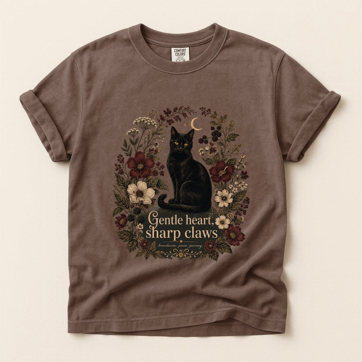 Gentle Heart, Sharp Claws graphic tee in Espresso, flat lay