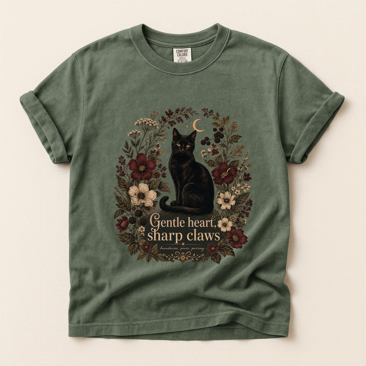 Gentle Heart, Sharp Claws graphic tee in Moss, flat lay