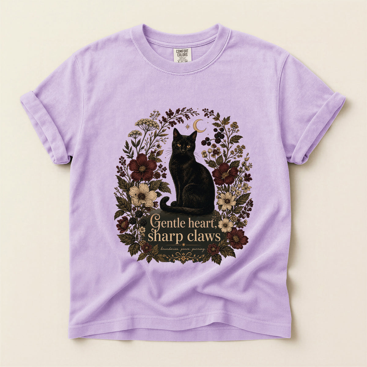 Gentle Heart, Sharp Claws graphic tee in Orchid, flat lay