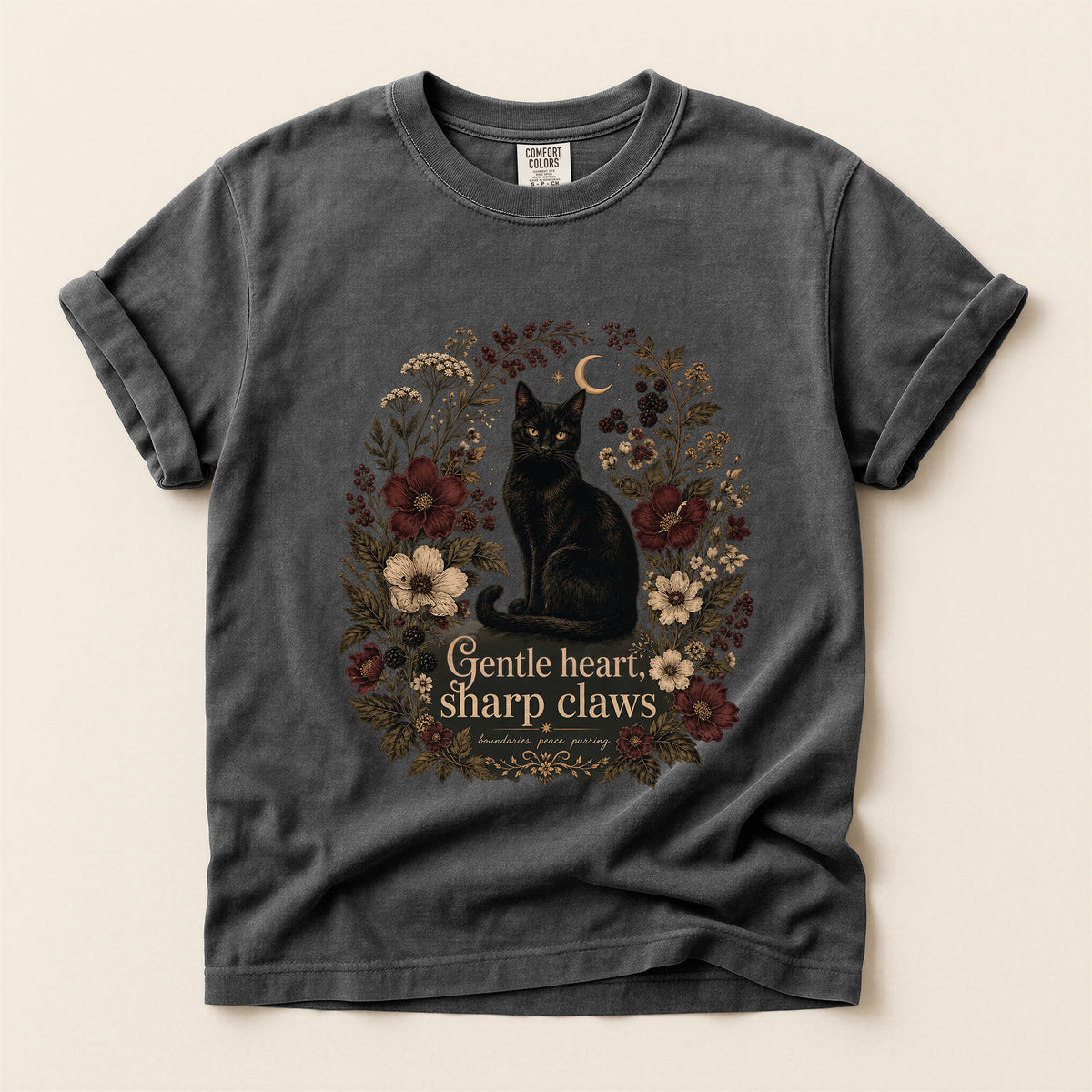 Gentle Heart, Sharp Claws graphic tee in Pepper, flat lay