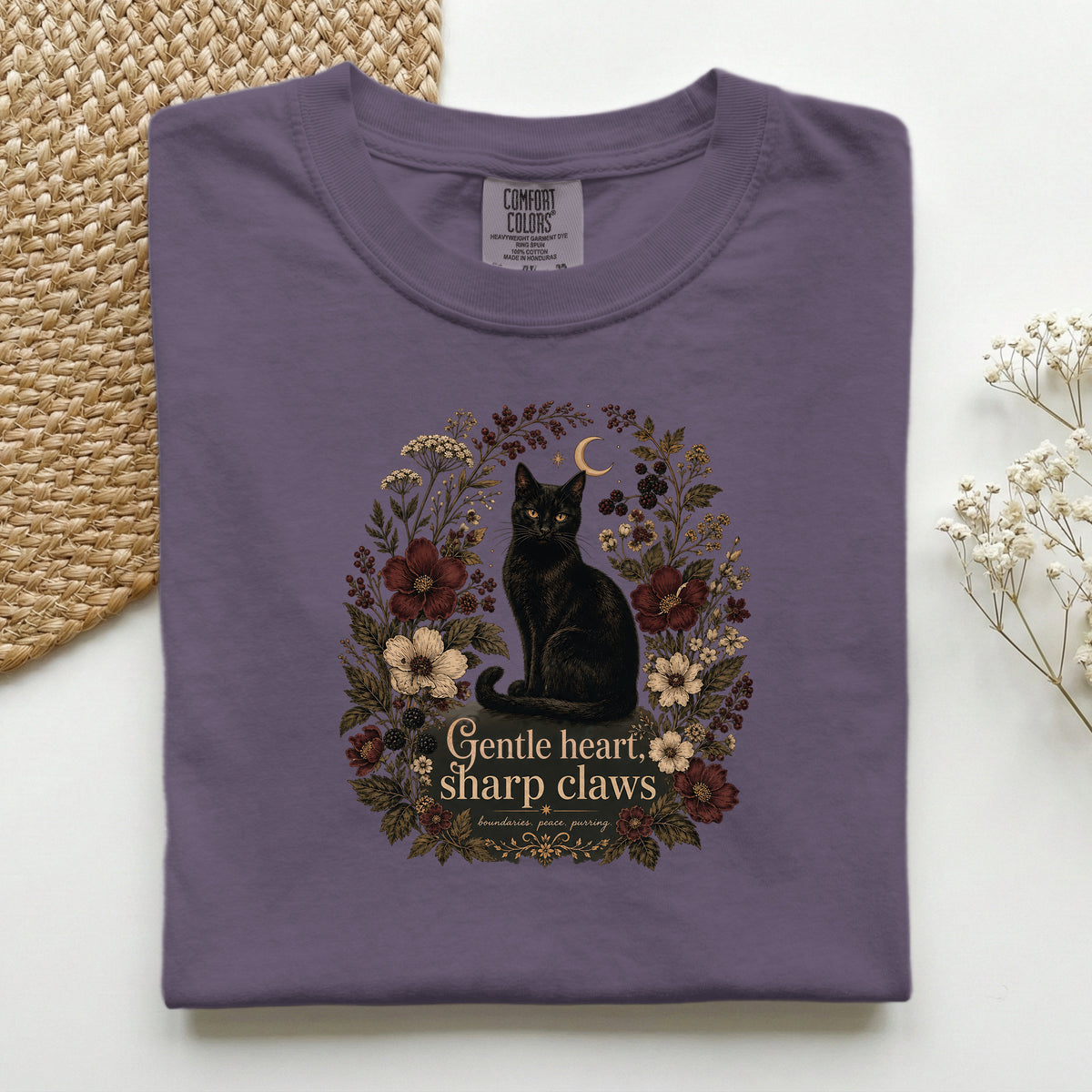 Gentle Heart, Sharp Claws graphic tee in Wine, folded flat lay