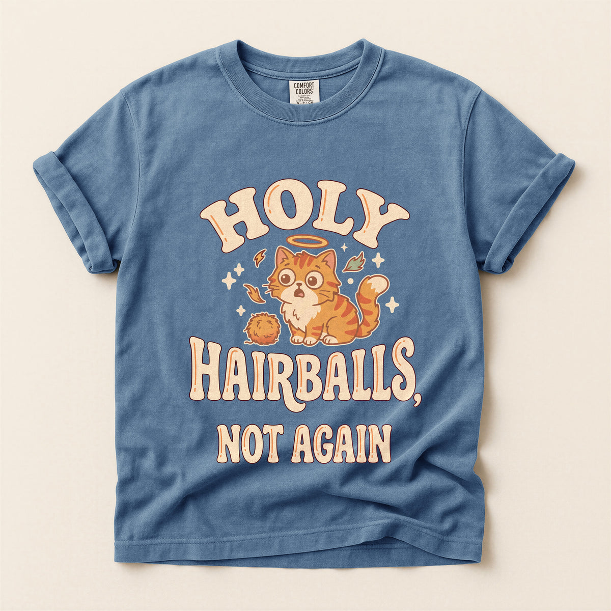 Holy Hairballs, Not Again graphic tee in Blue Jean, flat lay