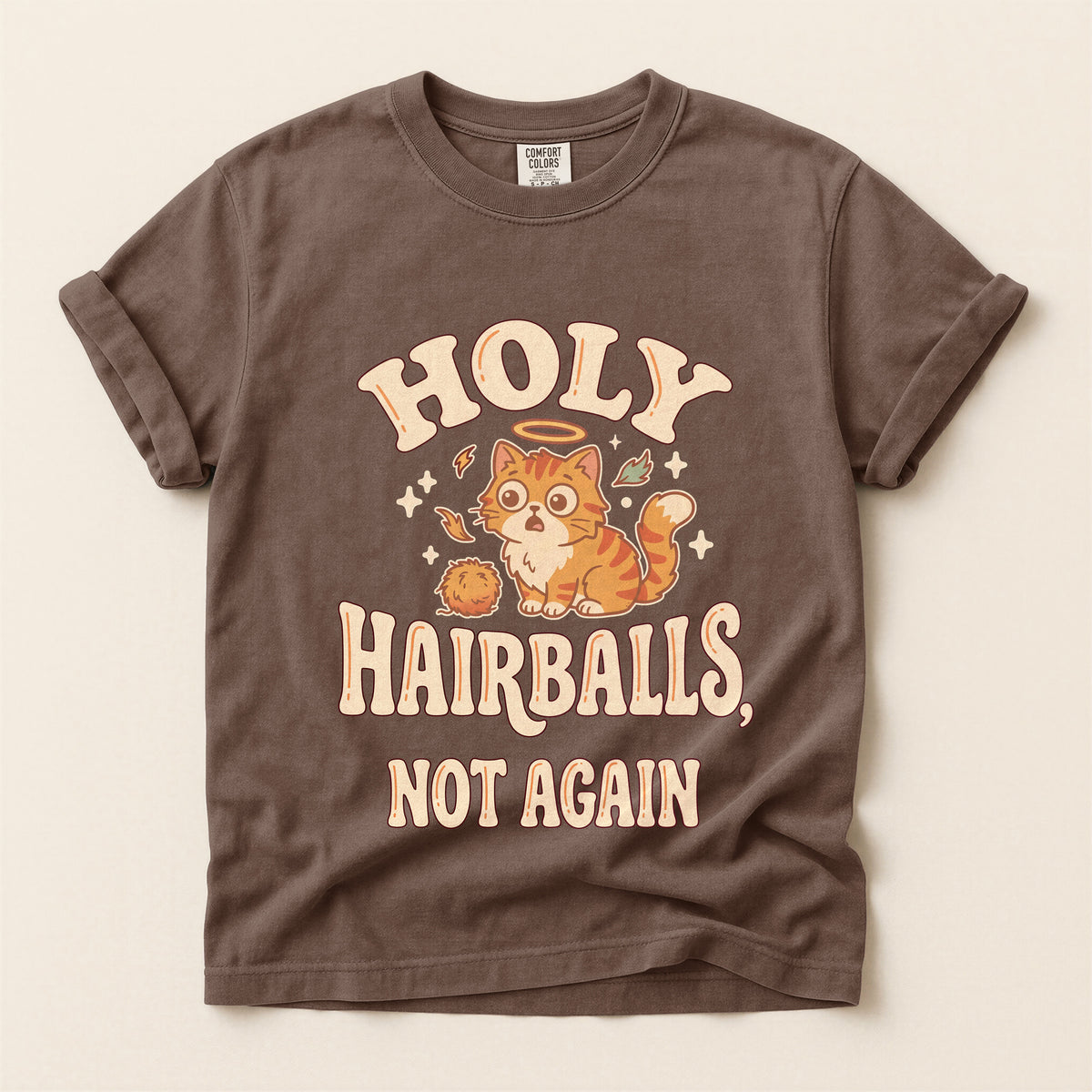 Holy Hairballs, Not Again graphic tee in Espresso, flat lay