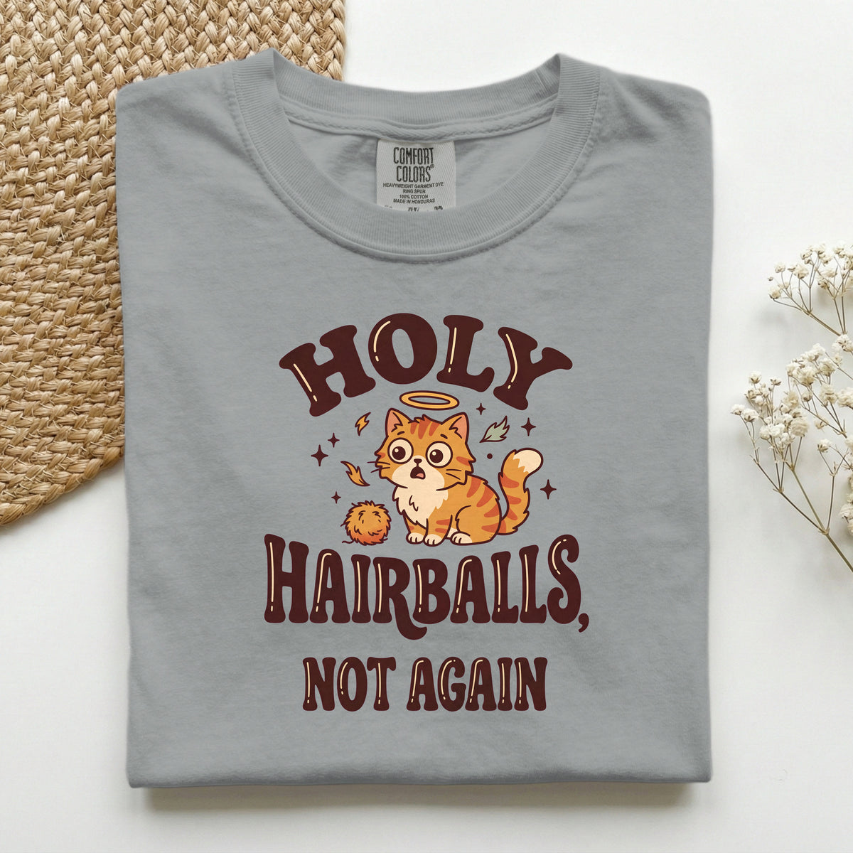 Holy Hairballs, Not Again graphic tee in Granite, folded flat lay
