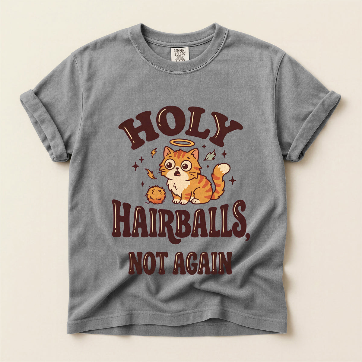 Holy Hairballs, Not Again graphic tee in Grey, flat lay