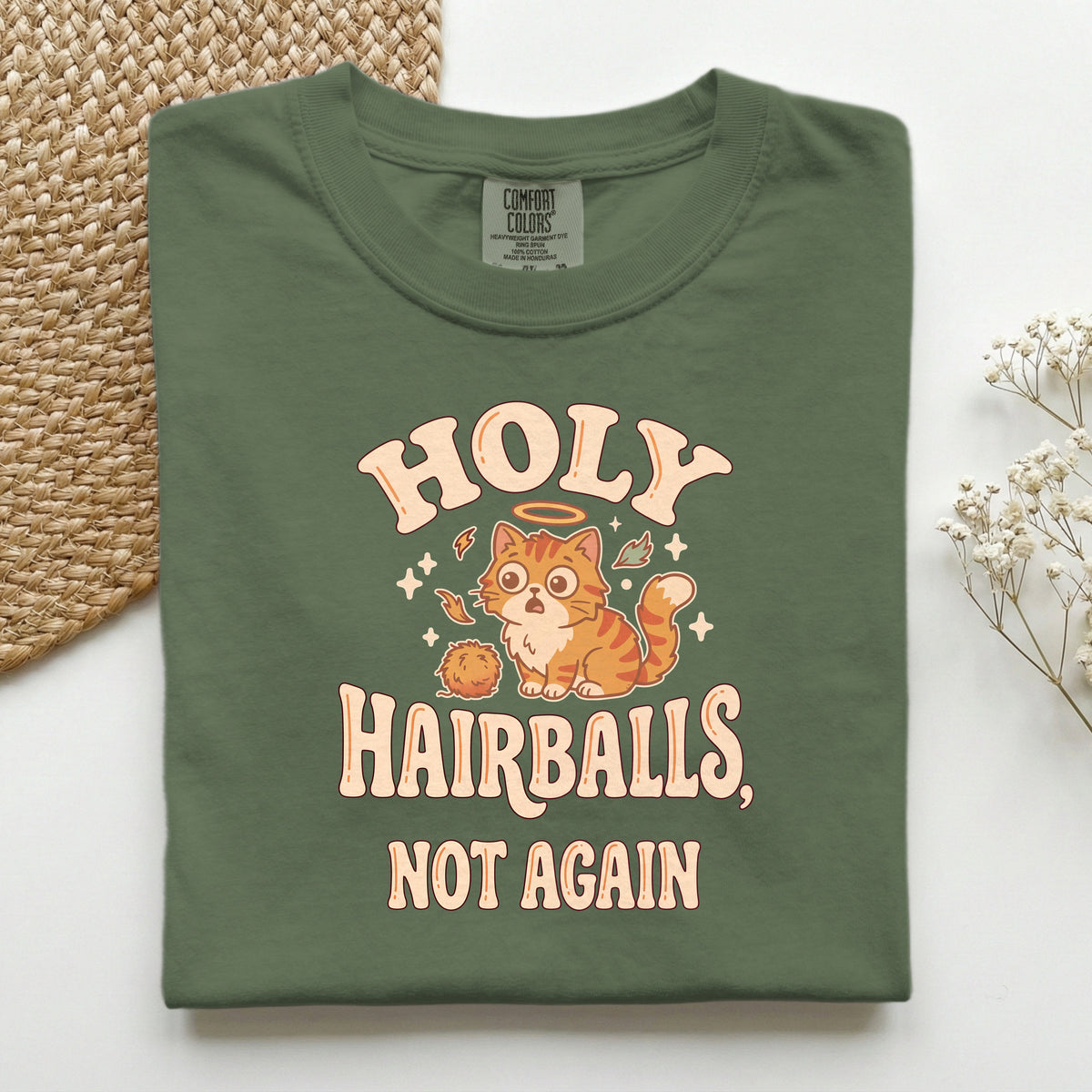 Holy Hairballs, Not Again graphic tee in Hemp, folded flat lay