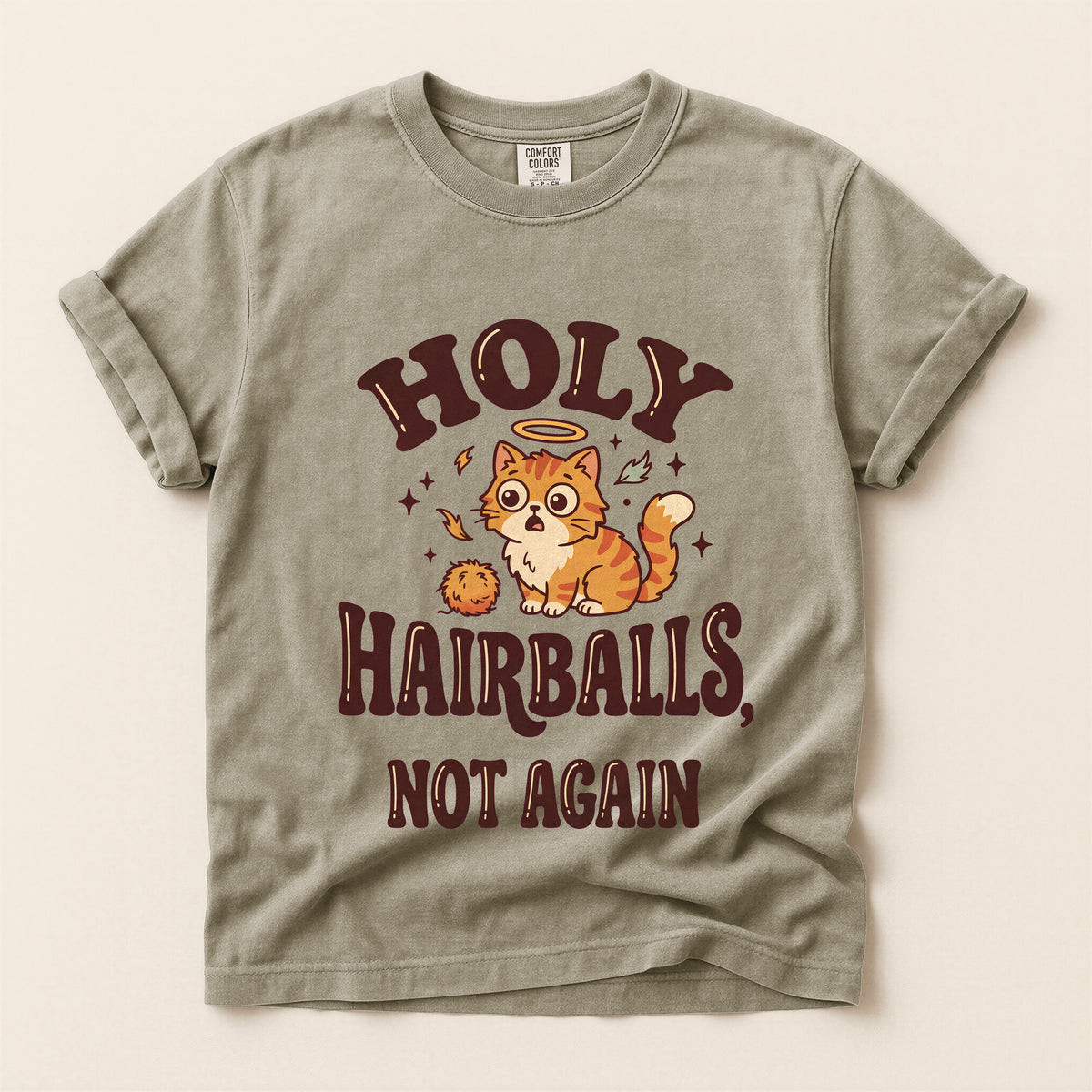 Holy Hairballs, Not Again graphic tee in Khaki, flat lay