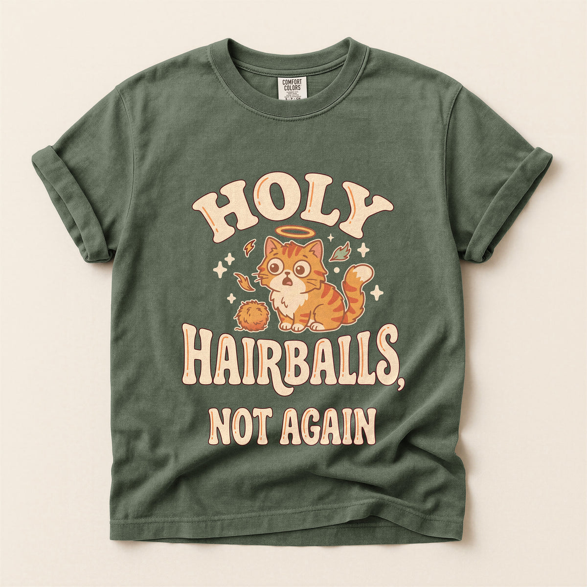 Holy Hairballs, Not Again graphic tee in Moss, flat lay