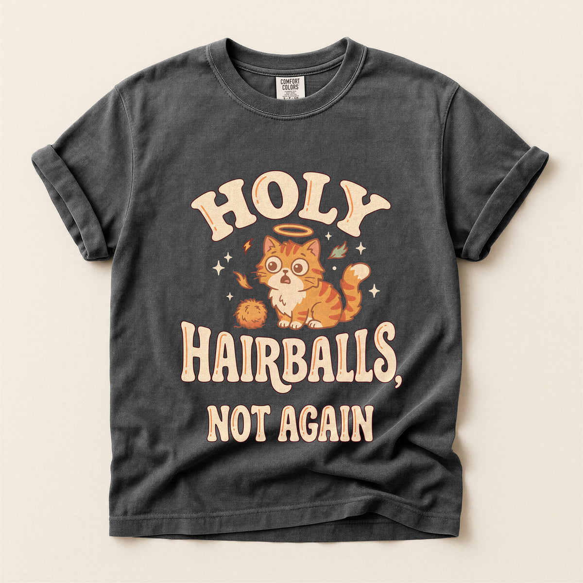 Holy Hairballs, Not Again graphic tee in Pepper, flat lay