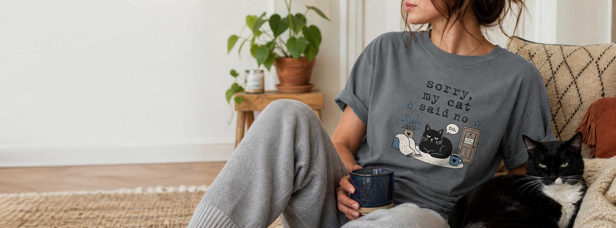 Cat mum lifestyle mockup for the Sorry My Cat Said No collection