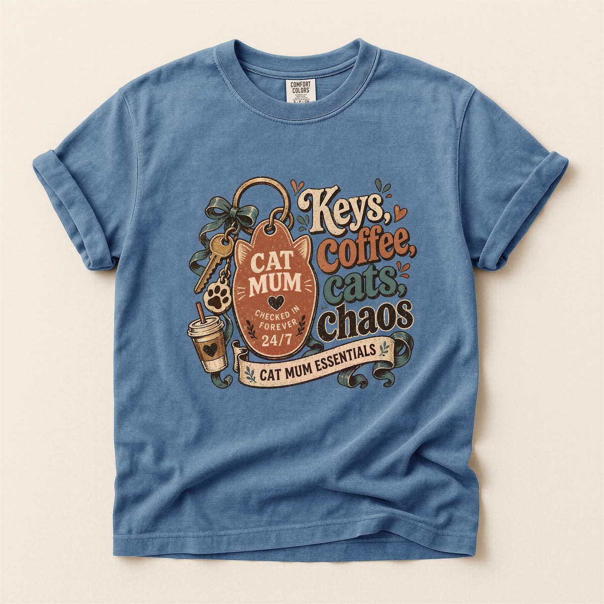 Keys, Coffee, Cats, Chaos graphic tee in Blue Jean, flat lay