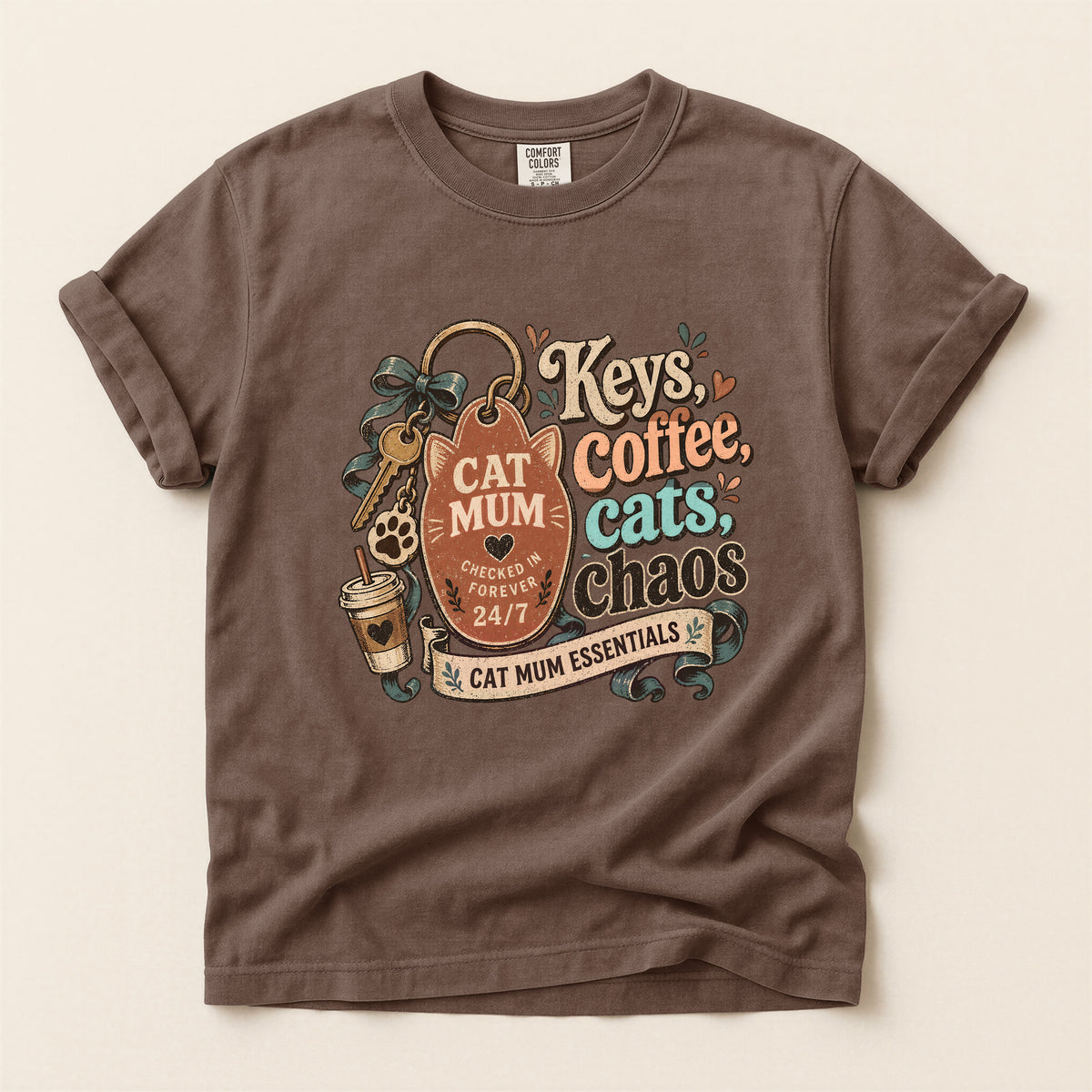 Keys, Coffee, Cats, Chaos graphic tee in Espresso, flat lay