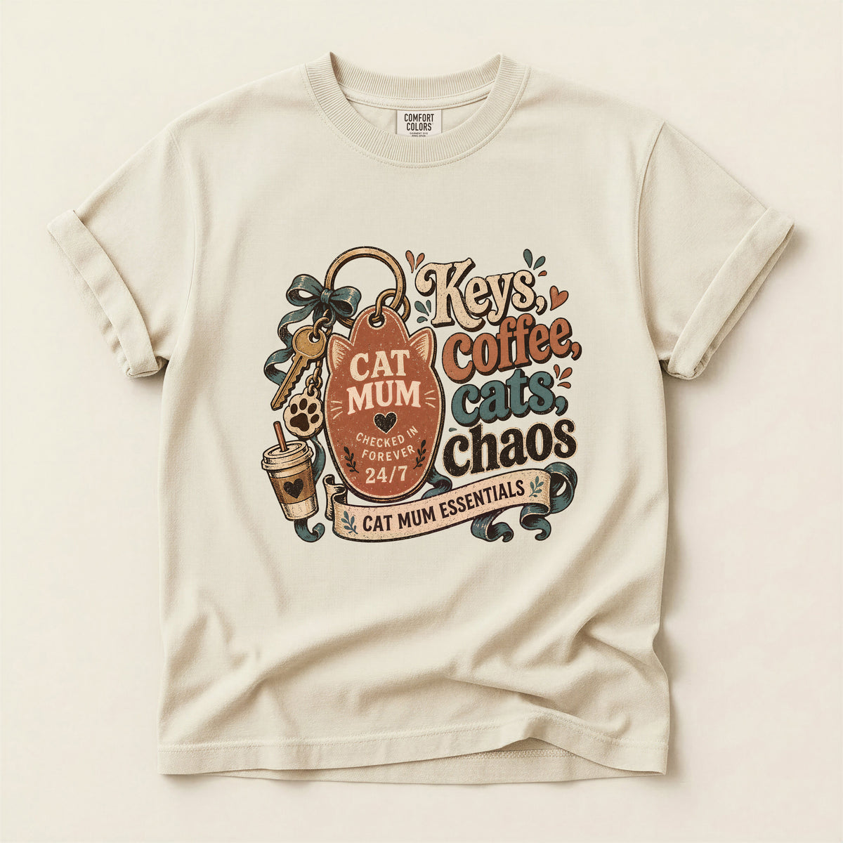 Keys, Coffee, Cats, Chaos graphic tee in Ivory, flat lay