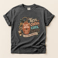 Keys, Coffee, Cats, Chaos graphic tee in Pepper, flat lay