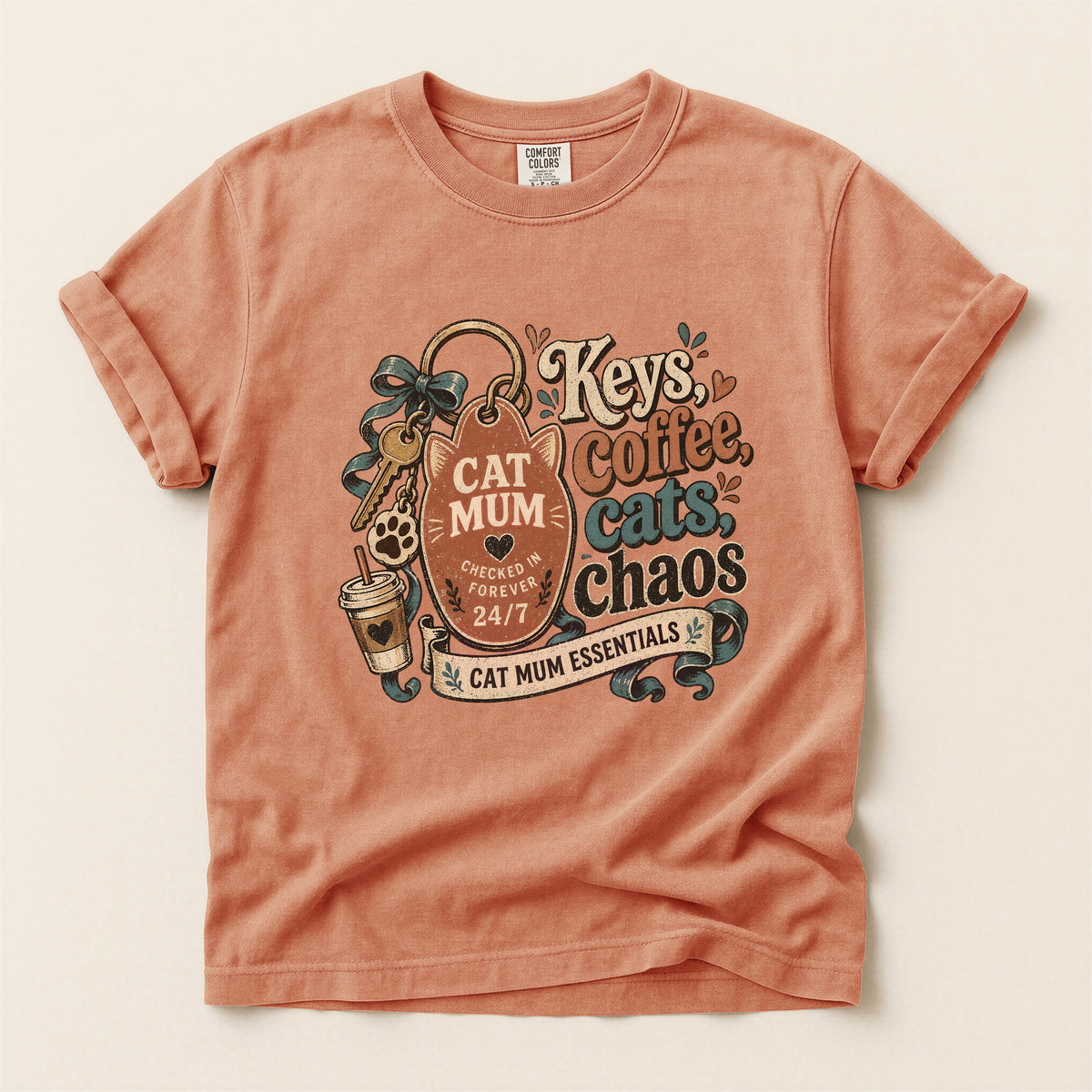 Keys, Coffee, Cats, Chaos graphic tee in Terracotta, flat lay
