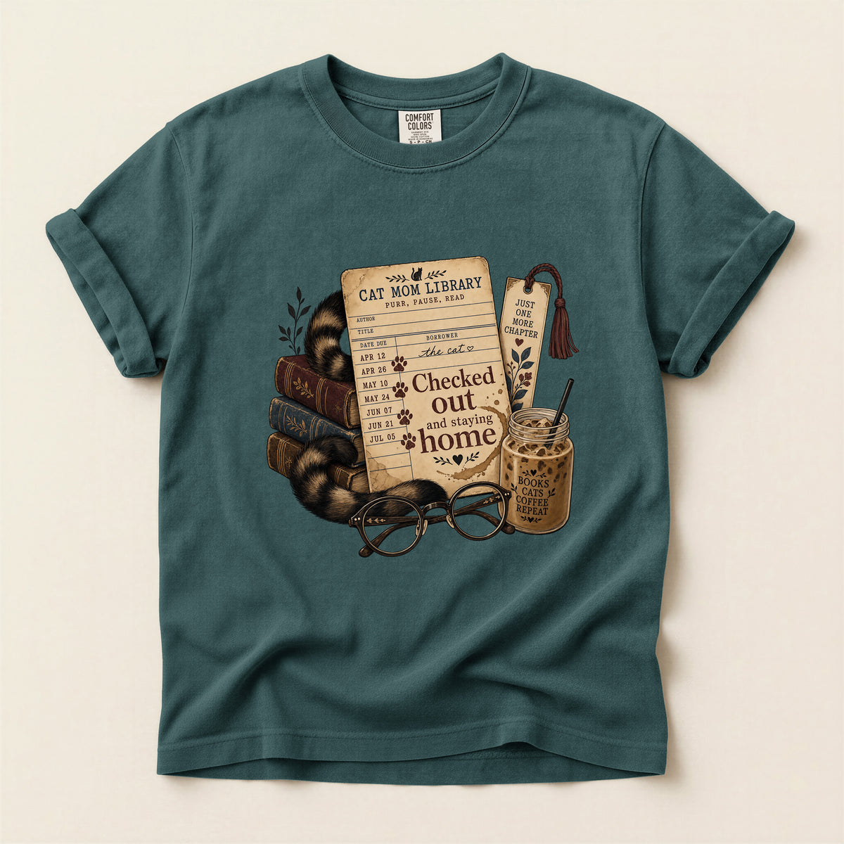 Cat Mom Library graphic tee in Blue Spruce, folded flat lay