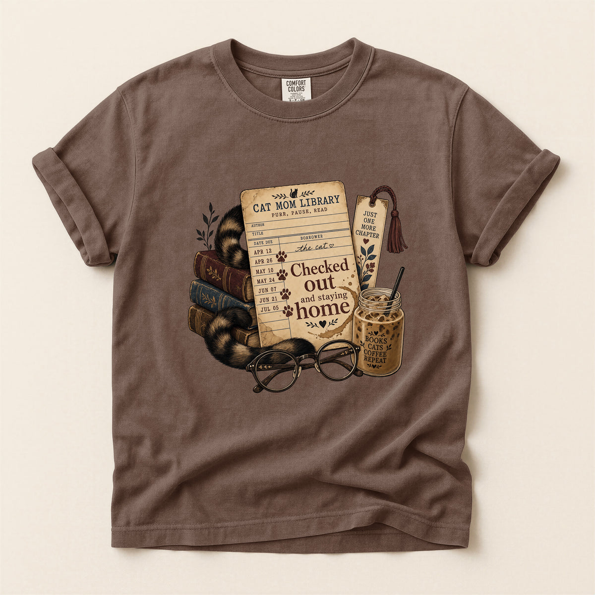 Cat Mom Library graphic tee in Espresso, folded flat lay