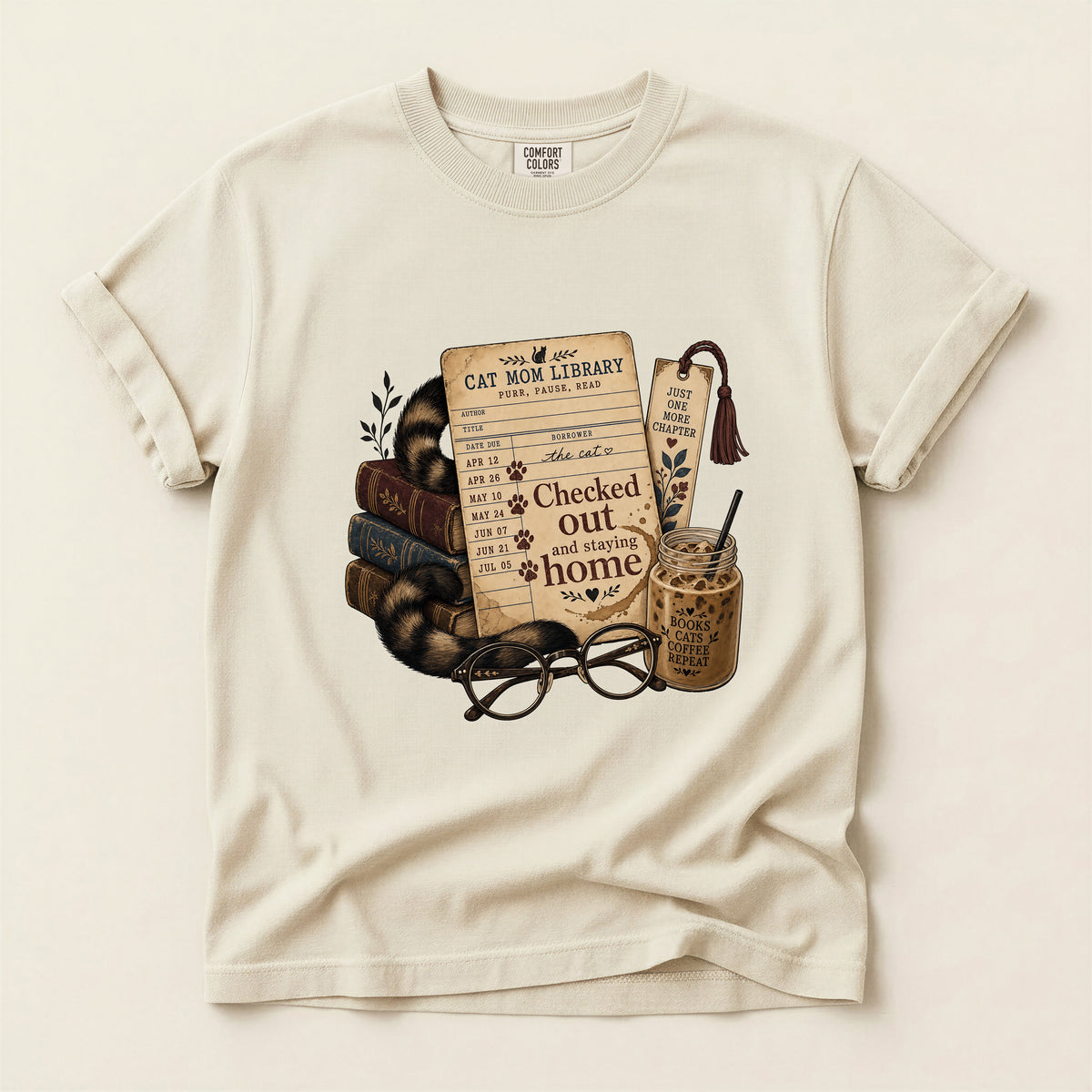 Cat Mom Library graphic tee in Ivory, folded flat lay