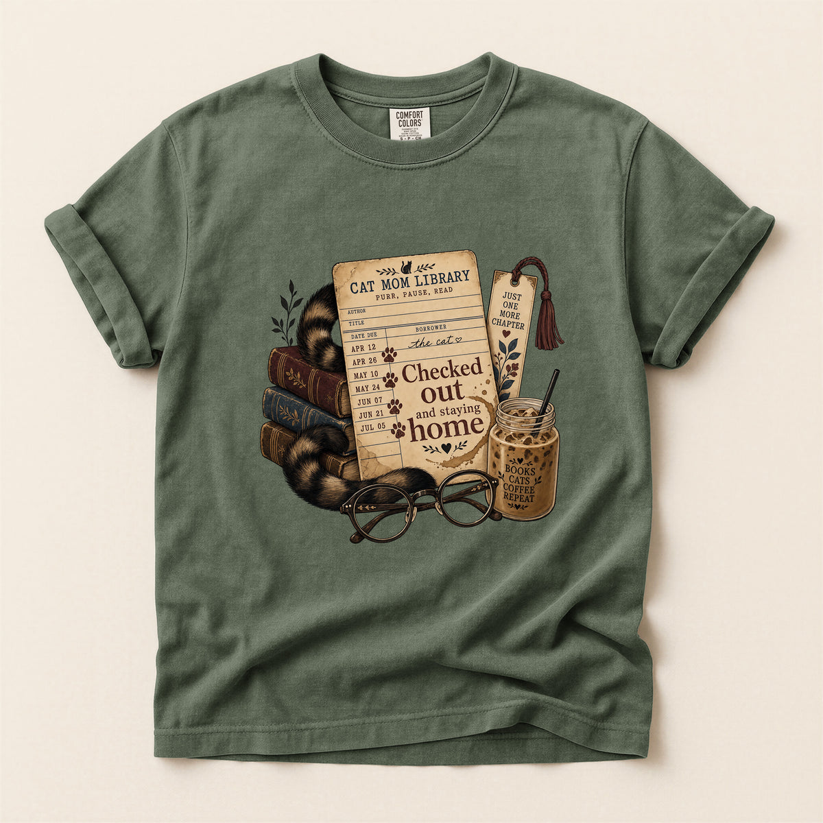 Cat Mom Library graphic tee in Moss, folded flat lay