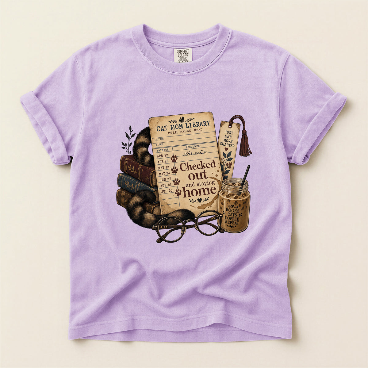 Cat Mom Library graphic tee in Orchid, folded flat lay