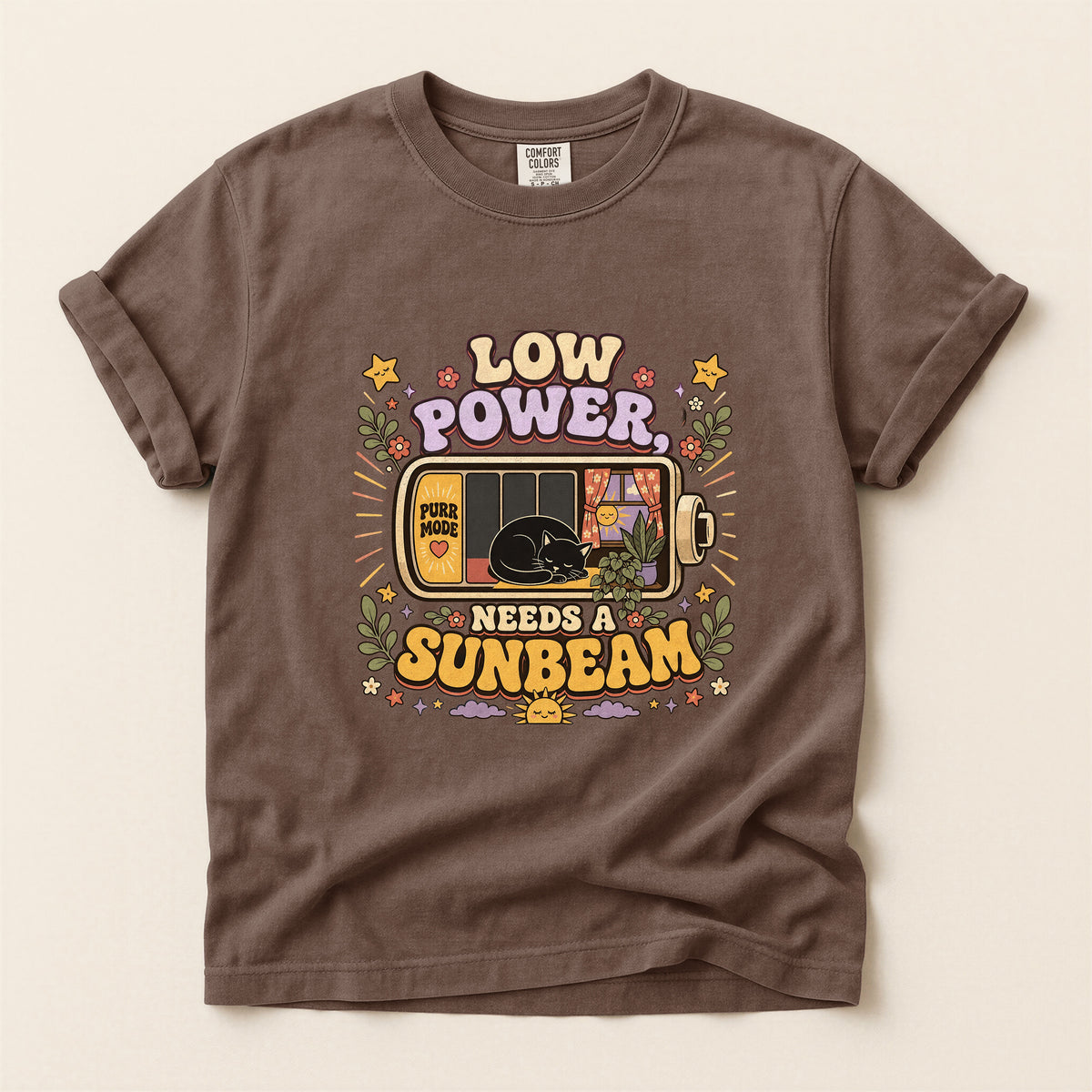 Low Power, Needs a Sunbeam graphic tee in Espresso, flat lay