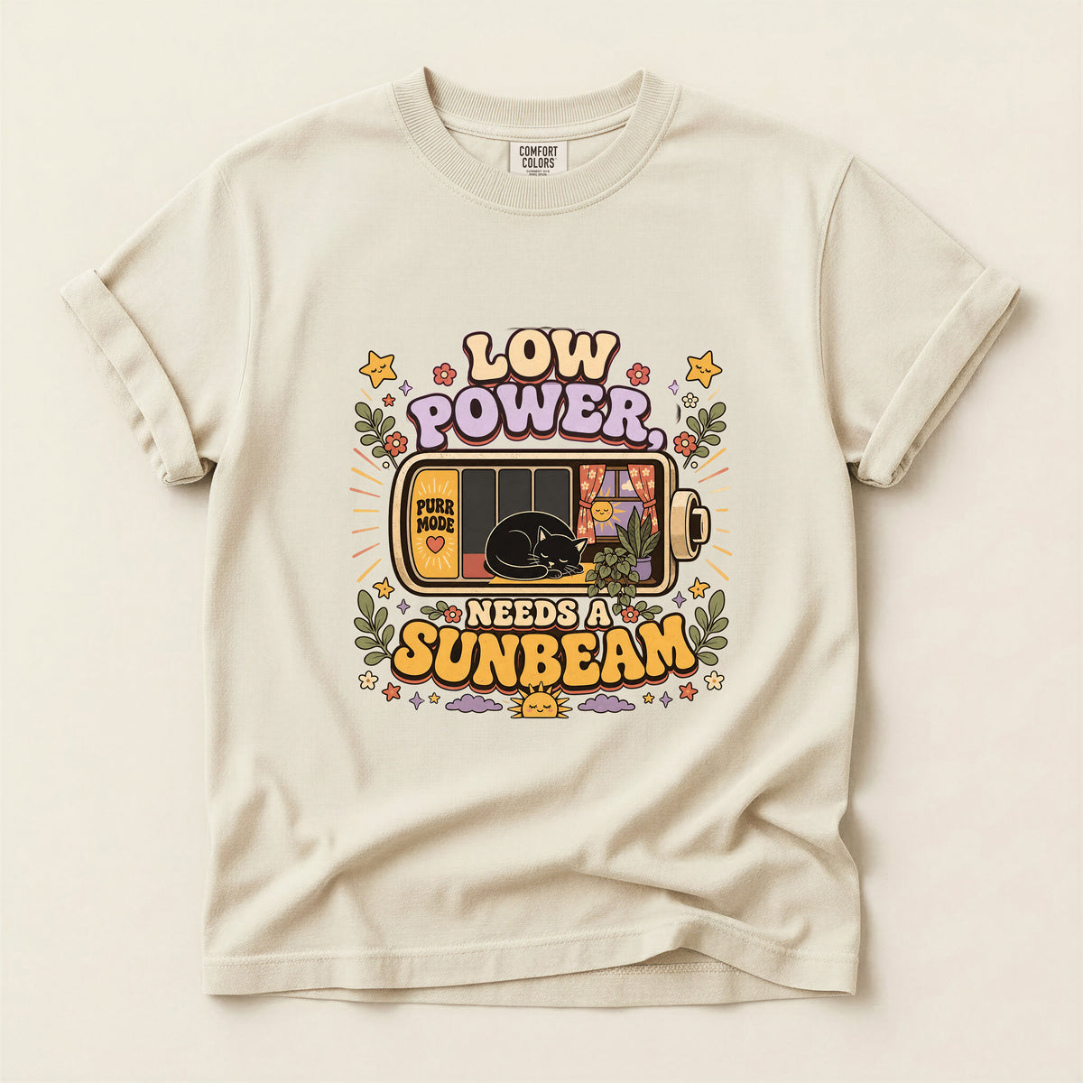 Low Power, Needs a Sunbeam graphic tee in Ivory, flat lay