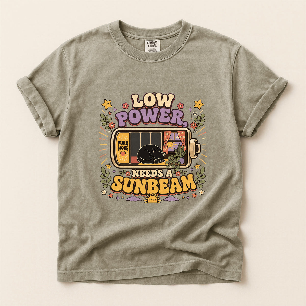Low Power, Needs a Sunbeam graphic tee in Khaki, flat lay