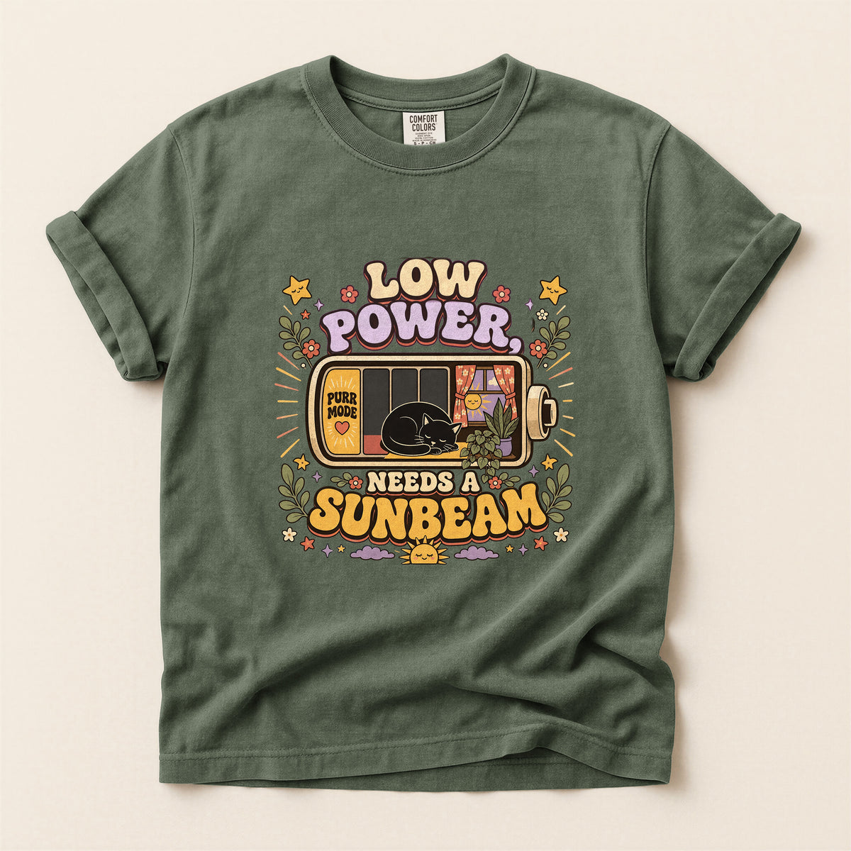 Low Power, Needs a Sunbeam graphic tee in Moss, flat lay