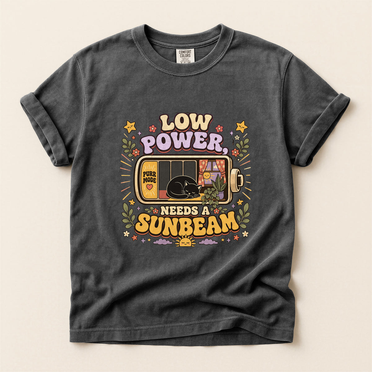 Low Power, Needs a Sunbeam graphic tee in Pepper, flat lay