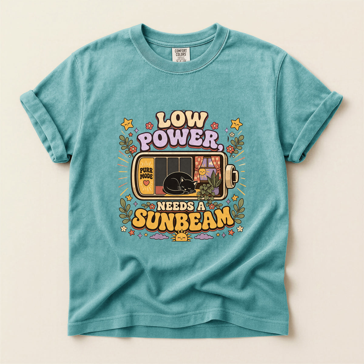 Low Power, Needs a Sunbeam graphic tee in Seafoam, flat lay