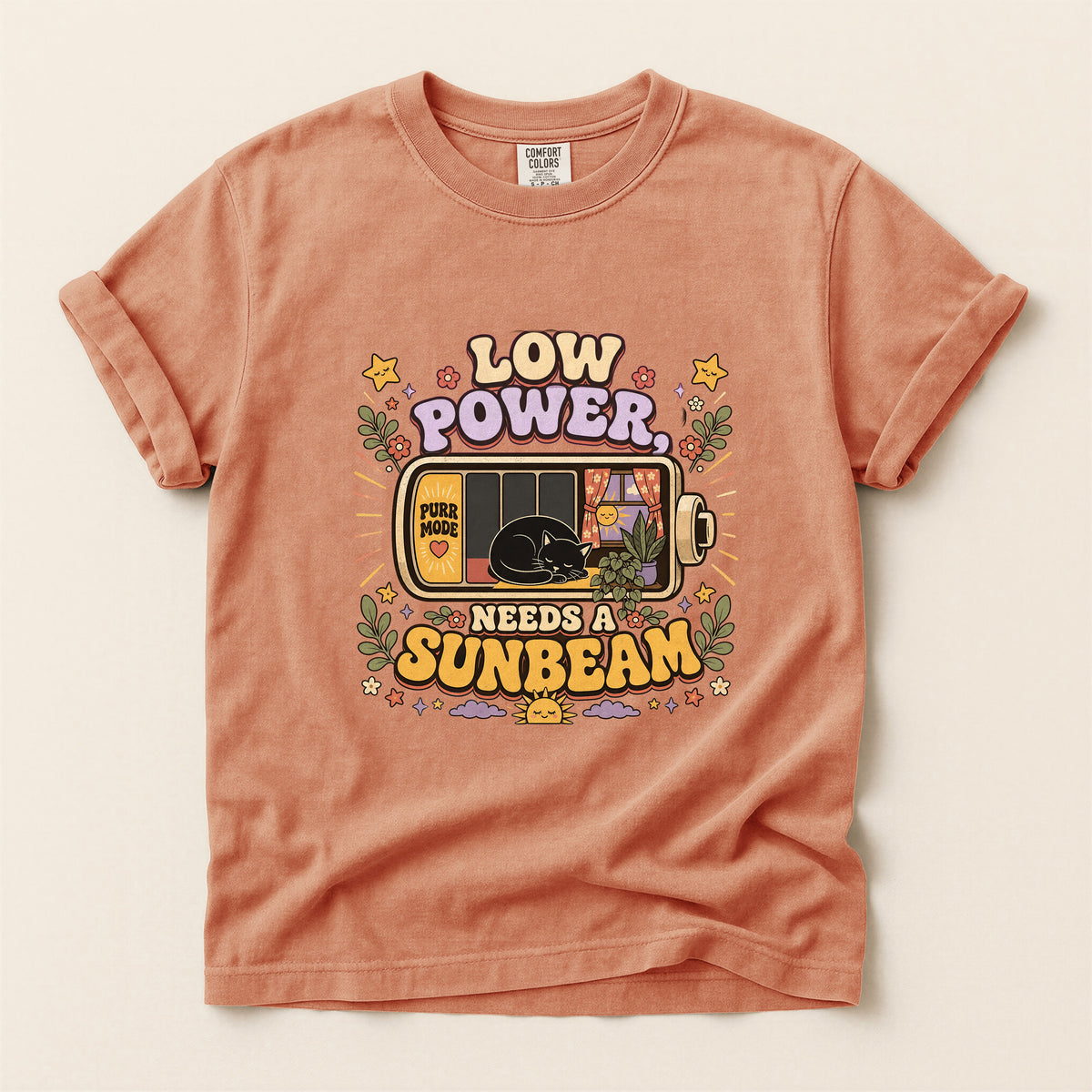 Low Power, Needs a Sunbeam graphic tee in Terracotta, flat lay