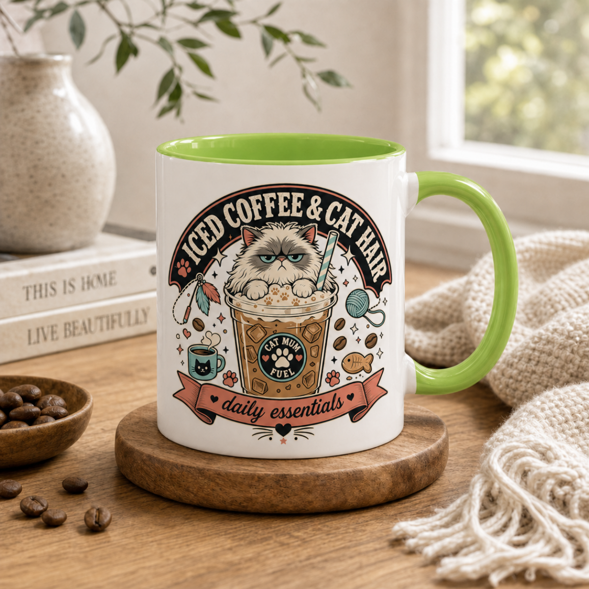 Iced Coffee & Cat Hair Cat Mum mug in Light Green, styled lifestyle photo