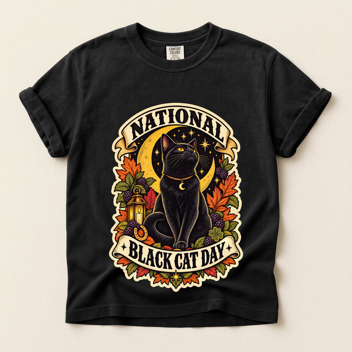 National Black Cat Day graphic tee in Black, flat lay